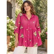 Figueroa Flower Embroidered Floral Tiered Tunic Blouse Womens L Pink