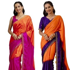 Women's Chinnon Silk Sequins Embroidery Scalloped Border Saree with Blouse