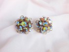 Vintage AB Amber & Clear Crystal Bead Earrings Clips Clusters Silver Plate