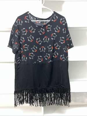 Rinascimento Black Cats With Fringe Women s Top Made In Italy XL No Size Tag