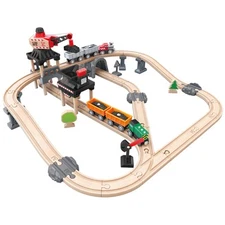 Hape Crane And Train Set Wooden Toy Cargo Loader With Magnetic Hoist