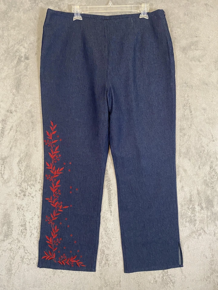 Anne Carson Pants Womens 16 Blue Denim Embroidered Beaded Floral Side Zip Lined - Image 2 of 4