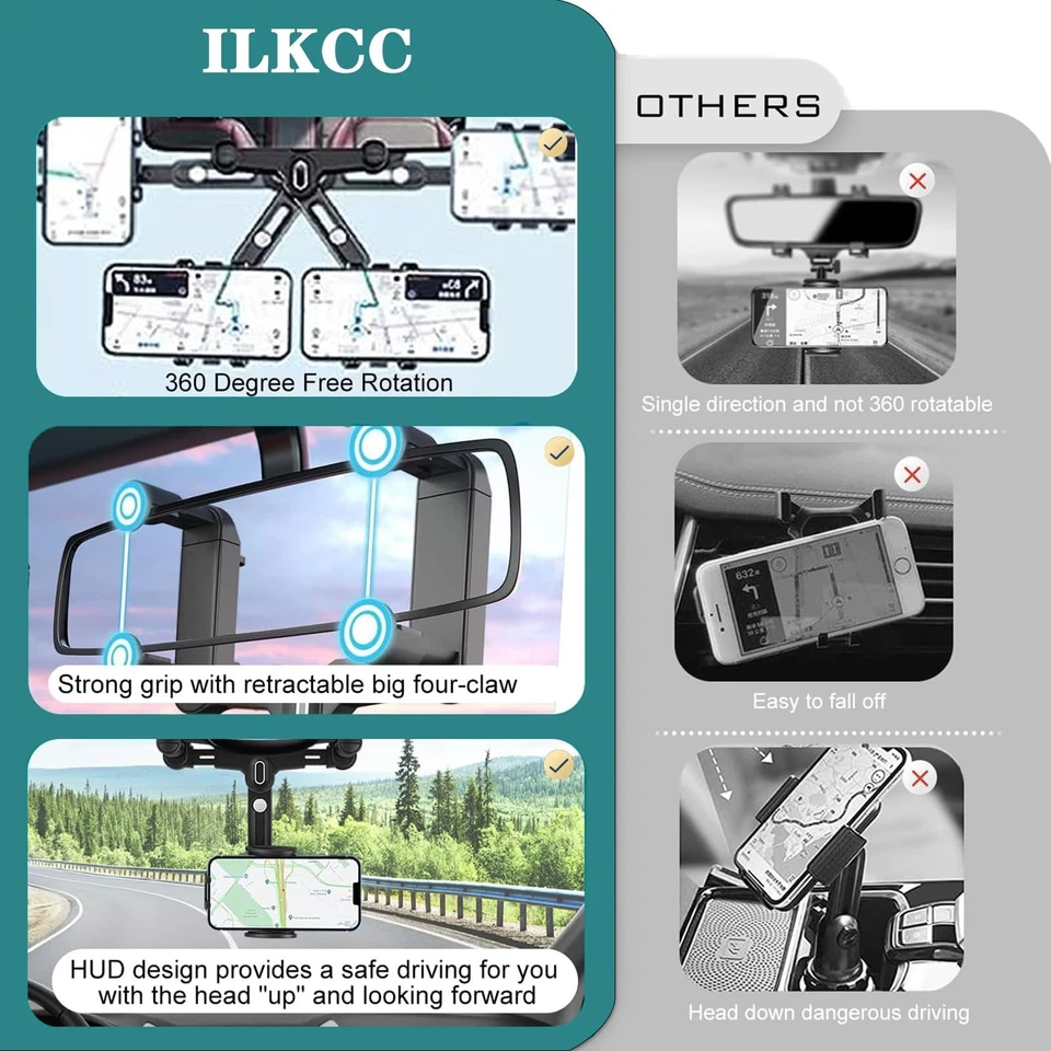 Rearview Mirror Phone Mount – 360° Rotating Anti-Shake Holder for All Phones - Image 2 of 4