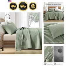 Quilt Set Queen Size Sage Green, Classic Geometric Spots Stitched Pattern, Pr...