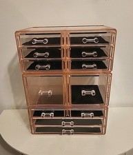 3pc Set Clear Pink Acrylic Makeup Cosmetic Jewelry Organizers 12 Drawers Total