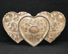 WB13107 VINTAGE 1970s *THREE HEARTS* WESTERN DESIGN MONTANA SILVERSMITHS BUCKLE