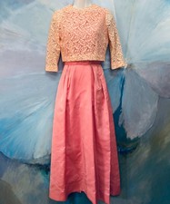 Vintage Pink Lace Satin Dress 2pc Set Tea Length Mid Century 60s 70s