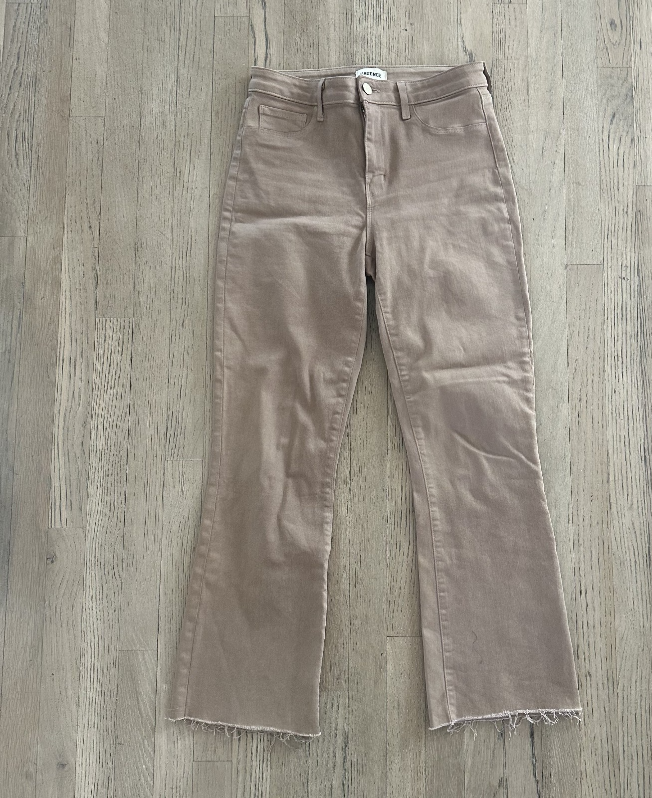 L'Agence Kendra High Rise Cropped Flare Cappuccino Coated Pants Size 27 Stretch