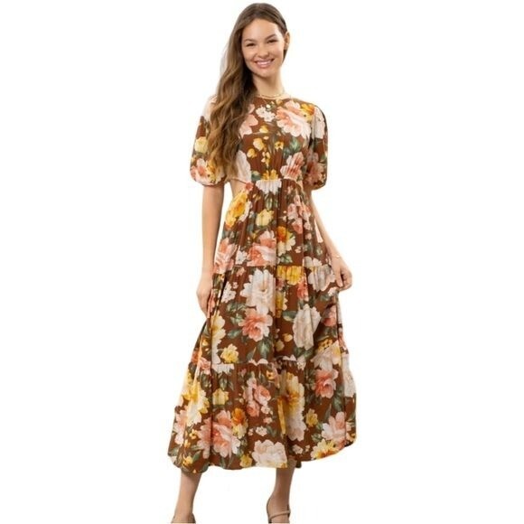 by the river Clarissa Floral Midi Dress cut out sides tiered skirt  Cottagecore | eBay