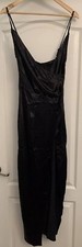 Pretty Little Thing Black Metallic Satin Wrap Split Maxi Dress Size 4 NWT