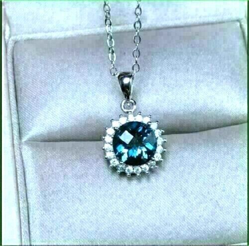 2Ct Round Cut Lab-Created London Blue Topaz Pendant 14K White Gold Plated - Picture 1 of 5