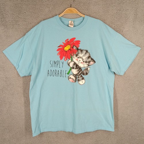 Vintage Simply Adorable Kitten Graphic Print Tee XL Blue Gildan T-Shirt 90s