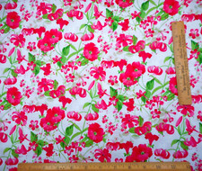 Floral Fabric 1 1/4 Yard Pink Floral Green Leaves on White Premium Cotton Vtg PC