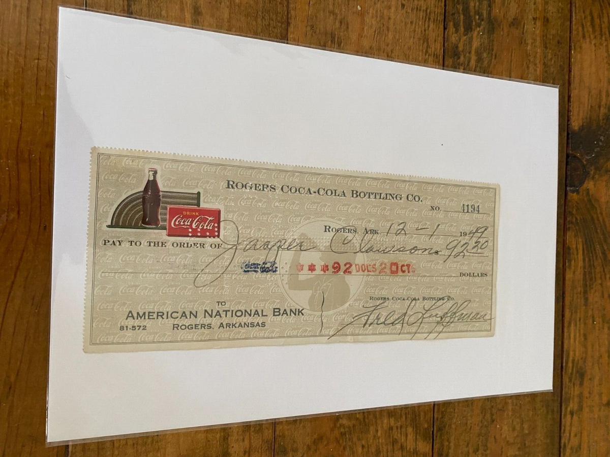 【カブヌシ。購入前に再度コメント欄をご確認ください】Coca-Cola Vintage December 1, 1949 Coca Cola Cancelled Check Rogers