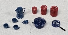 Vtg Set 14 Dollhouse Miniatures Blue Speckle Enamel Coffee Pans Pots Skillet Cup