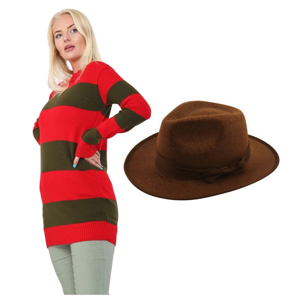 Women's Freddy Krueger Costume Striped Jumper Hat Claw Halloween Fancy Dress  | eBay