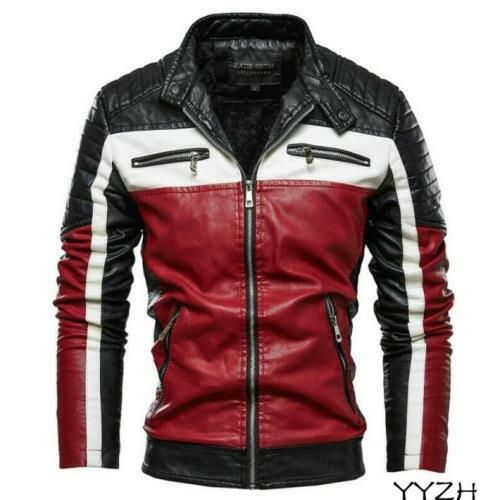Outwear Mens Leather Jacket Slim Fit Thick Winter Zipper Motorcycle race Biker - Picture 10 of 12