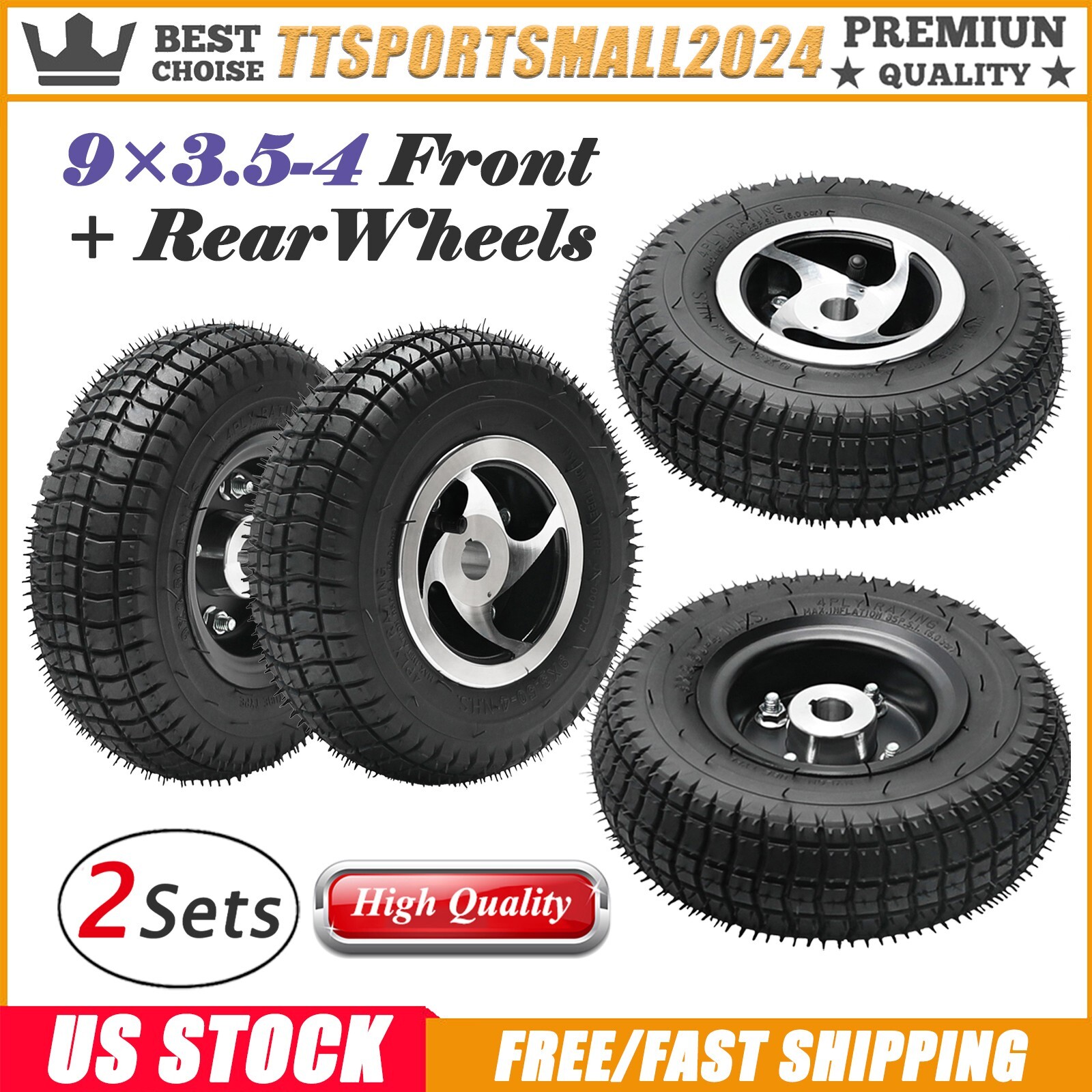 2 Sets Front + Rear Wheel 9x3.50-4 Tire Rim For Turntable Trolley Mini ATV Mower