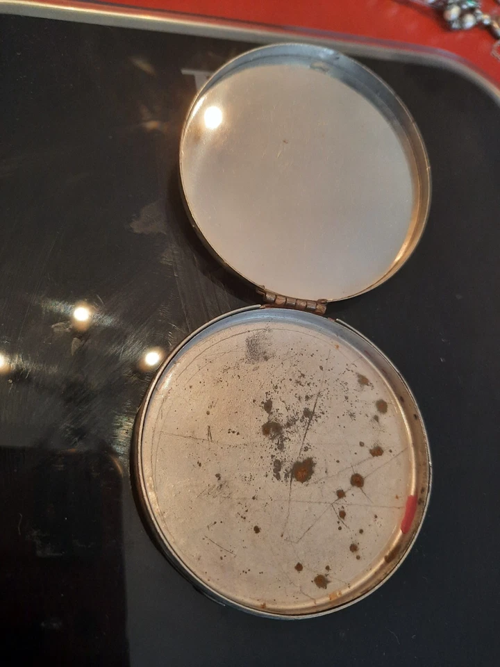 ANCIEN POUDRIER DE SAC VINTAGE ROND EN METAL ARGENTE AVEC MIROIR - Photo 3/3