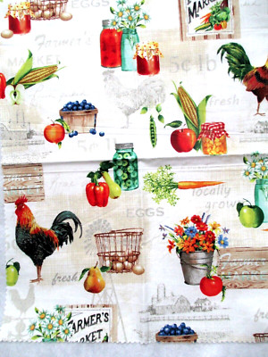 Fabric Kaufmann ''Farmer's Market'' 2 Pieces Rooster Tomato Carrots Peas $1.55