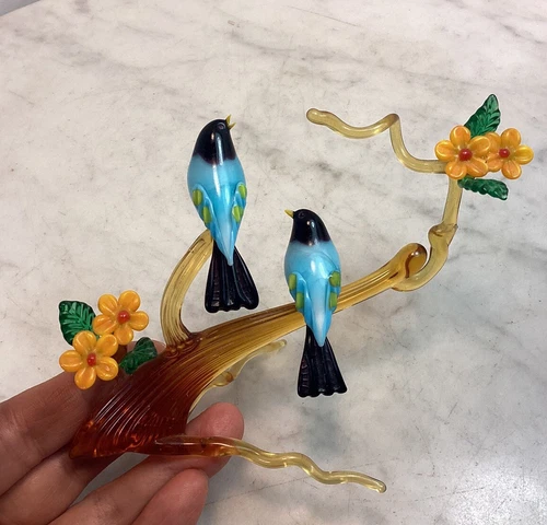 Vintage MURANO Glass Colorful 2 Birds Flower On The Branch