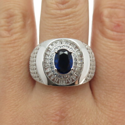 HAN 925 Sterling Silver White Topaz Gem & Lab-Created Sapphire Ring ...