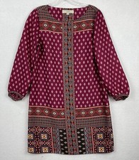 Loft Women XS Geometric Print Shift Shirt Dress LS Button Wrist Fucshia Pull Ov