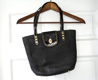 Eric Javits Squishee Handbag Purse Black Patent Leather Tote