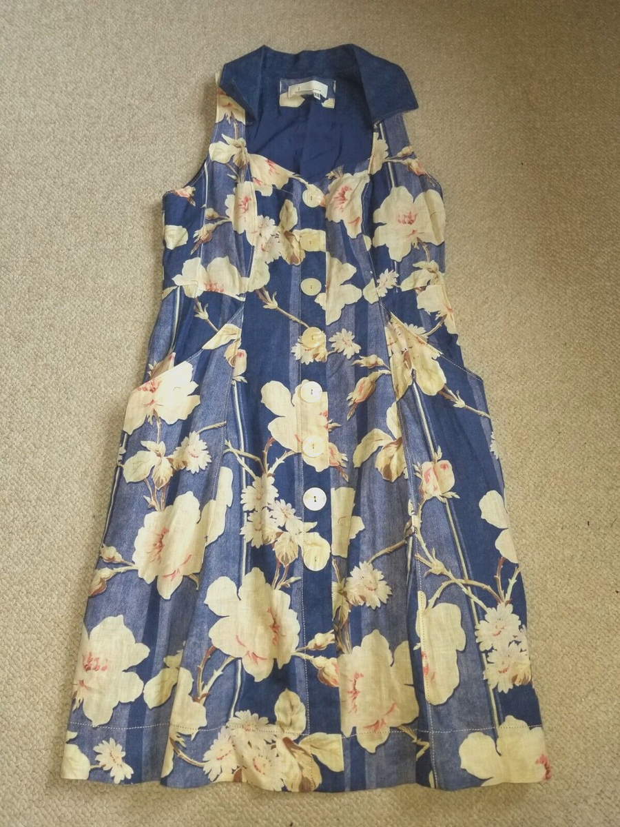 Womens Dress-ANTHROPOLOGIE-blue/beige floral linen bld "Camellia" Cottagecore-6P Womens Dress-ANTHROPOLOGIE-blue/beige floral linen bld "Camellia" Cottagecore-6P