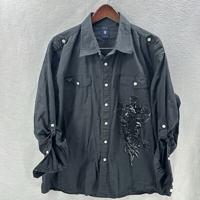 Vintage y2k KARL KANI GOLD Button Front Shirt Mens 3XL 90's Roll Tab Logo Rapper