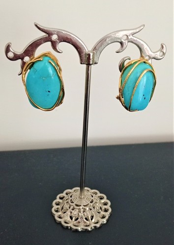 Boucles D'oreilles Or Jaune 18 Carats Avec Turquoise Naturelle - Dormeuses, Marque Italienne