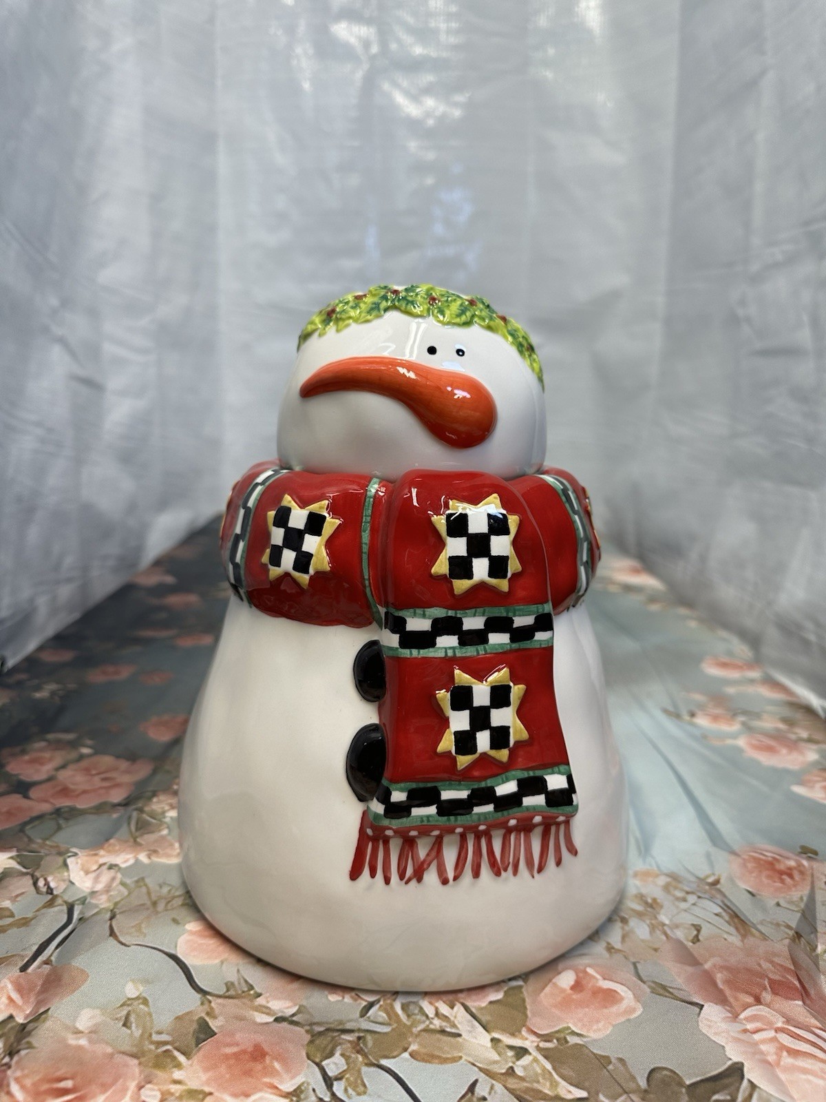 Yves Rochar Snowman Cookie Jar with Lid Christmas Holiday Decor Ceramic Canister