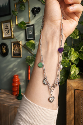 Silber Halskette mit bunten Charms | Smile, Mond, Stern und Herz | Edelstahl