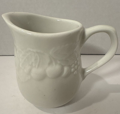 Vintage Fruit de Blanc White Ceramic Creamer Pitcher, Embossed Fruit Pattern 8oz