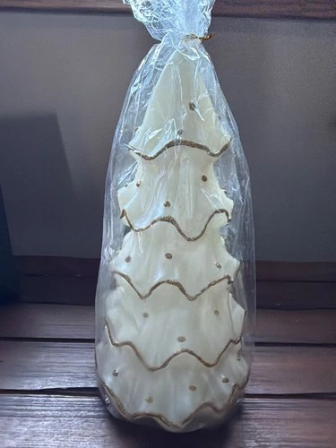 NOS Vintage JCPenney Christmas Tree Candle White Cream Gold Glitter Beaded 9” - product listing photo