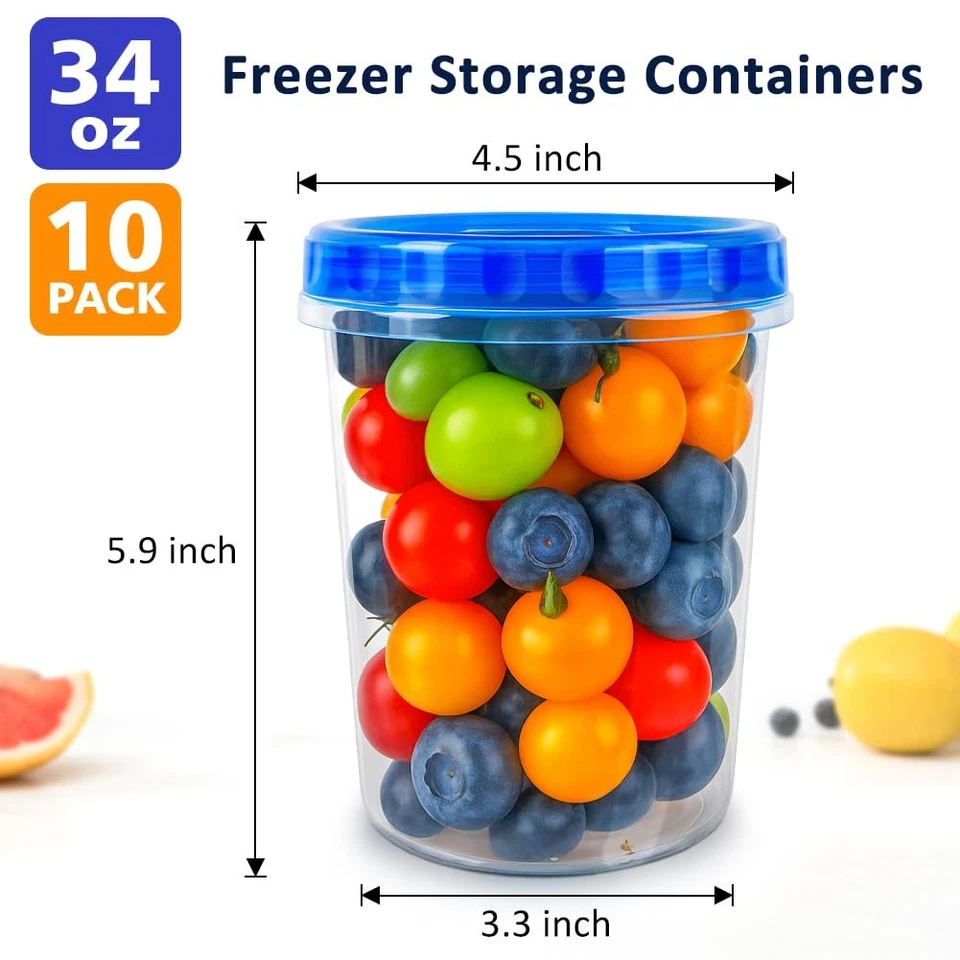 10 Pack 34oz Reusable Freezer Food Storage Containers with Twist Top Lids, Ai... - Image 2 of 4