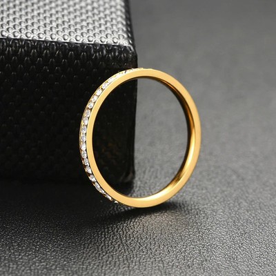 2mm CZ Crystal Ring for Women Gold Color Stainless Steel Shiny Elegant Jewelery