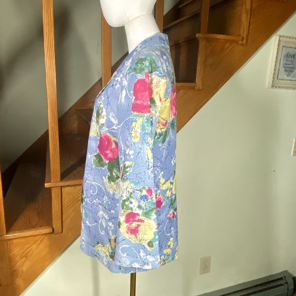90s Y2K Danielle B Blue Woman 10 Floral Blazer Rayon Flax Cottagecore Career Art - Image 4 of 4