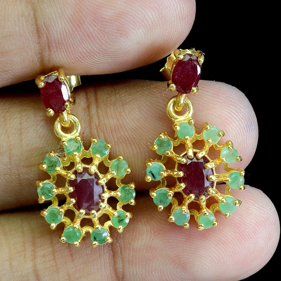 925 Sterling Silver Earrings Oval Ruby 7x5mm Emerald Natural Gemstone Jewelry - Image 2 of 4