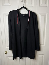 Women  s Black Hooded Open Cardigan Sweater with Contrast Drawstrings Size M