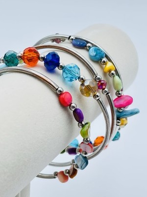 Colorful Beaded Bangle Bracelets Set Silver Tone Glass Stone Stack Boho Festival
