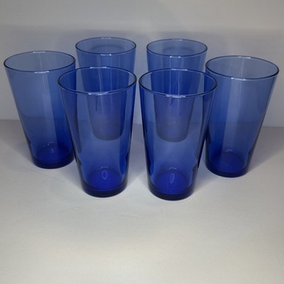 Libbey Cobalt Blue Glasses 6.5'' Tumblers 16 oz Set of 6 Flat Bottom Stackable