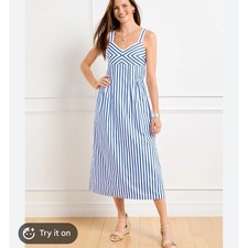 Talbots Blue White Striped Poplin Midi Dress Sz 10 Sleeveless Nautical Preppy