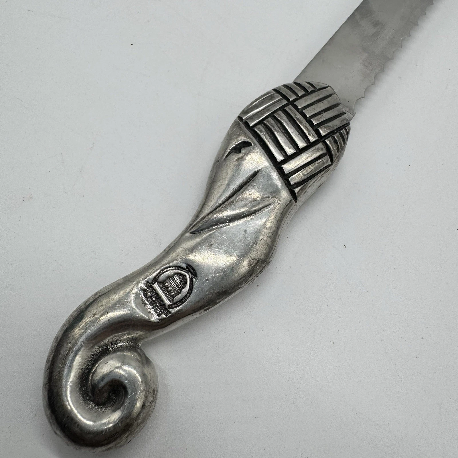 Vintage Ornate Pewter 9” Serrated Knife Swirl Vine Or Elephant ‘Paradise Cloves’