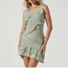 Astr the Label Smocked Eastwick Mini Dress in Yellow Green Multi Floral XS