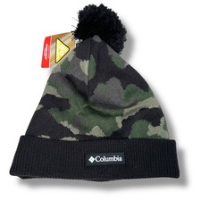 Columbia Polar Powder II Beanie Hat Unisex OS Green Black Camo Pom-Pom New