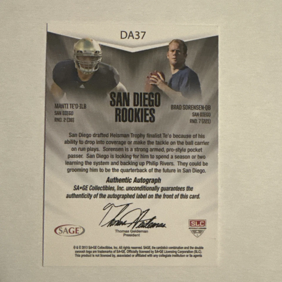 2013 SAGE Next Dual Autographs #DA37B Manti Te'o/Brad Sorensen/10 - Image 2 of 2
