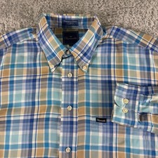 Faconnable Mens Large Blue Tan Plaid Cotton Button Down Shirt Made in USA