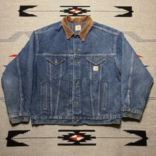 VTG CARHARTT Southwest Aztec Blanket Lined Denim Trucker Jacket Mens XL Detroit