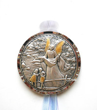 Guardian Angel Crib Medal with Blue and White Ribbons - for Baby Boys -
